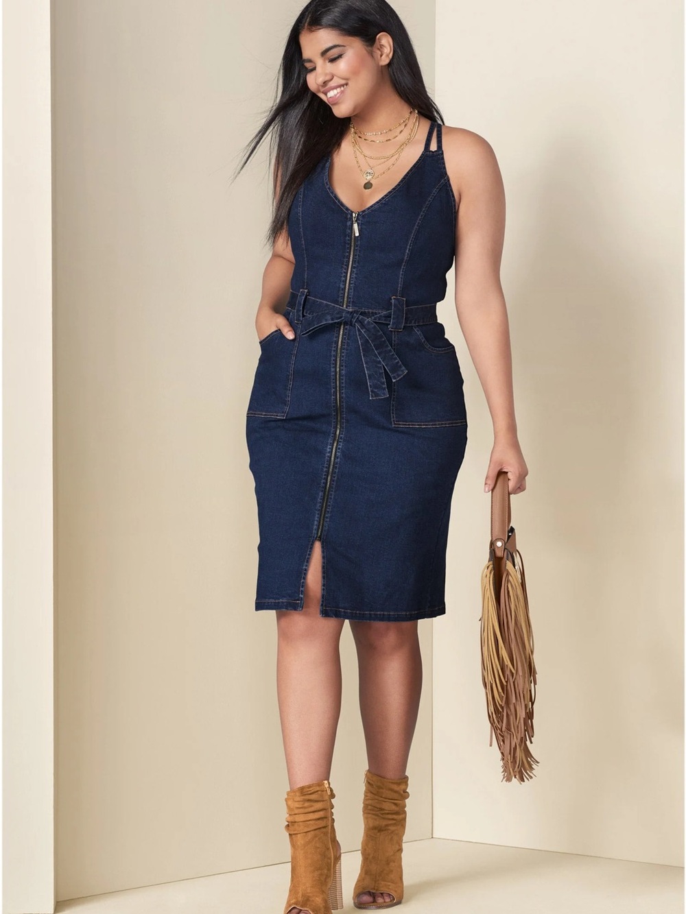 VENUS Dark Blue Denim Zip-Front Pencil Dress